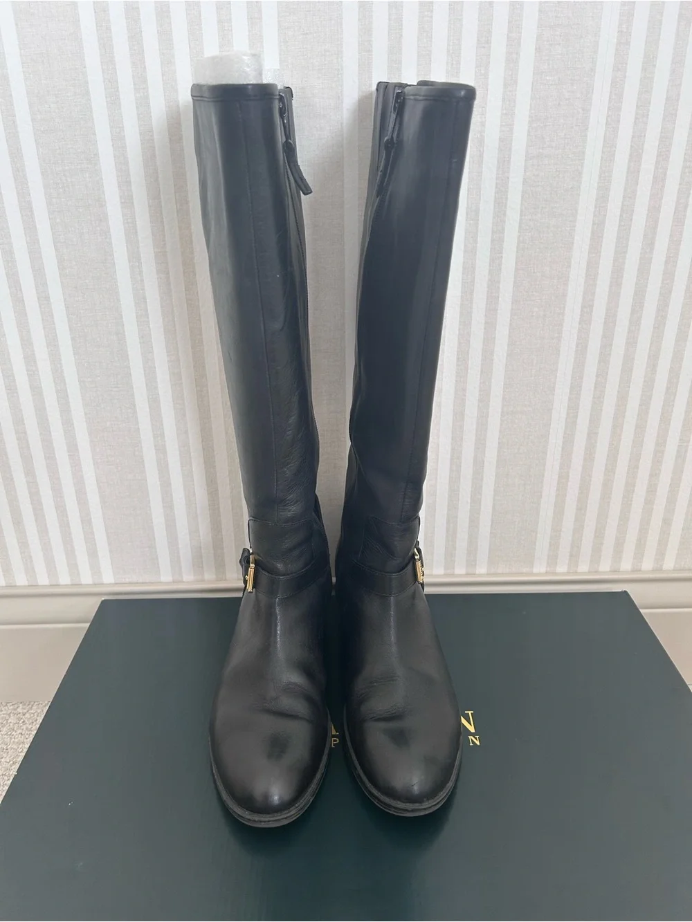 Lauren Ralph Lauren Black Marion Riding Boots with Gold Logo Double Buckle Sz 7